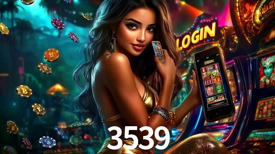 Mulher em um cenário de cassino temático de aventura, mostrando o app de caça-níqueis da 3539 no celular. Fichas de apostas flutuam ao redor.