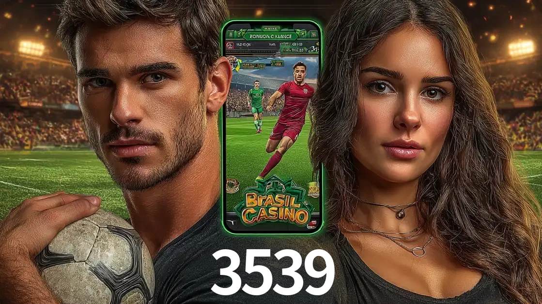 Homem segurando uma bola de futebol e uma mulher ao lado de um smartphone exibindo o jogo de apostas esportivas da 3539. Faça seu palpite no cassino online.